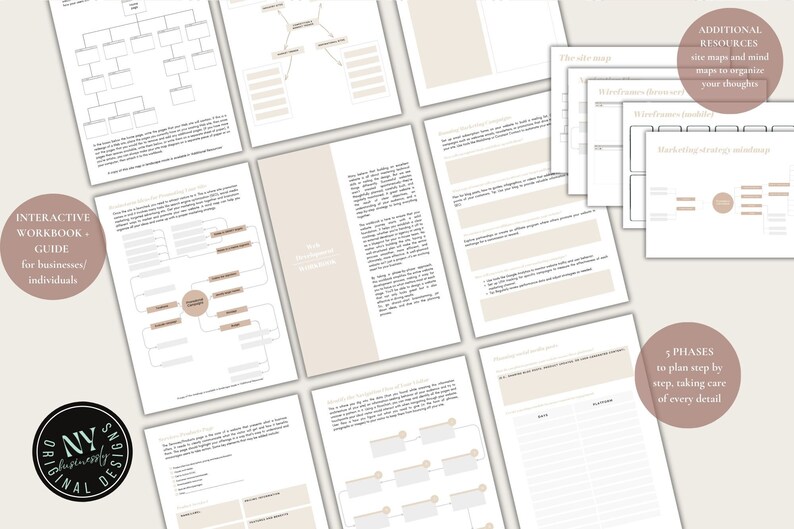 Op de afbeelding: Een set printbare werkbladen voor bedrijven en particulieren. De werkbladen zijn ontworpen om gebruikers te helpen bij het plannen en organiseren van hun gedachten en idee&euml;n. De werkbladen omvatten mindmaps, sitemaps en andere organisatietools. De werkbladen zijn beige met zwarte tekst en zijn gelabeld "Interactief werkboek + handleiding".