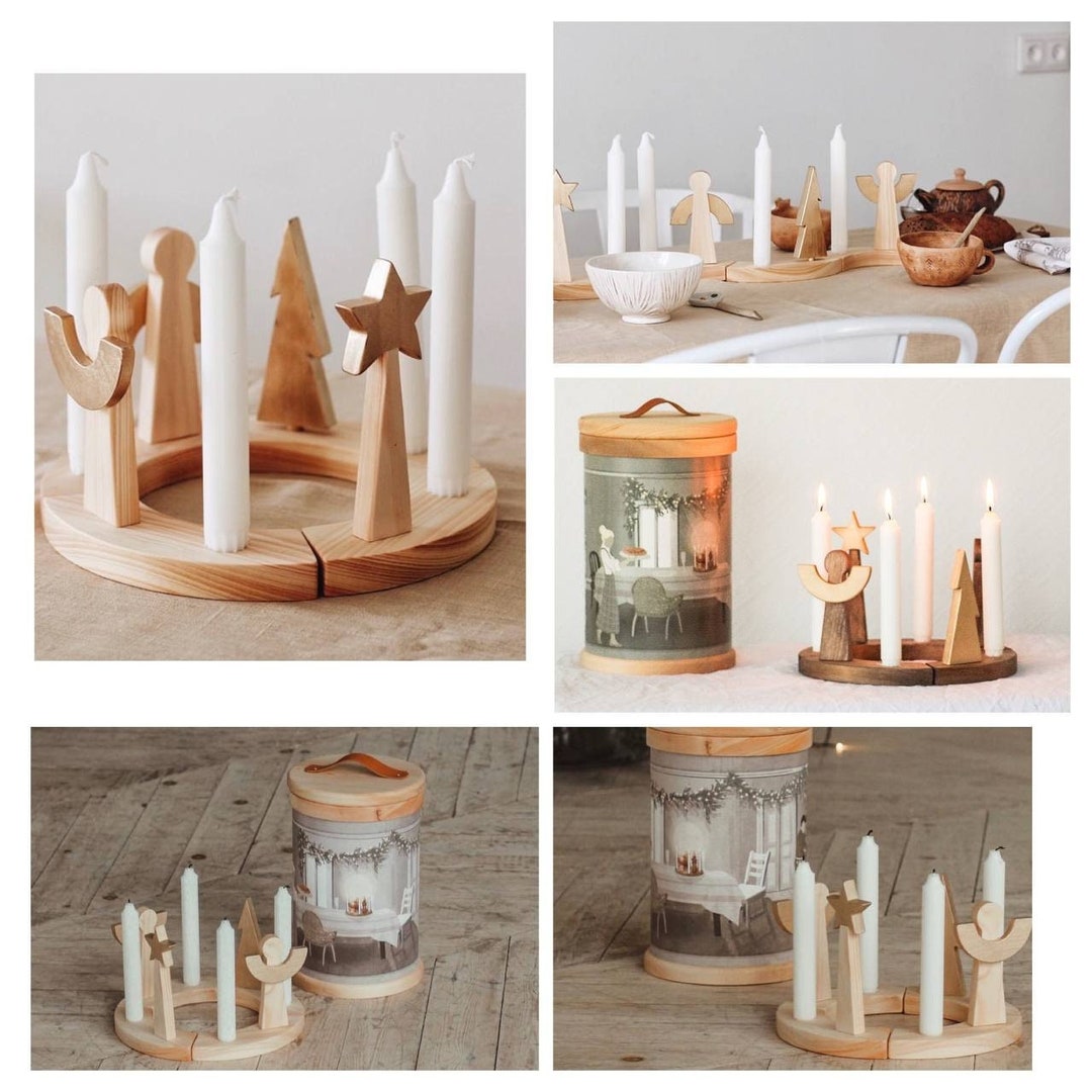 Christmas Advent Wooden Candlestick Holder for Advent Candles With Angels Light/dark Wood