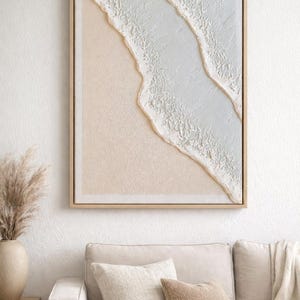 Arte de parede texturizada – Pintura minimalista de ondas oceânicas | Tela 3D em gesso feita à mão | Decoração bege e branca