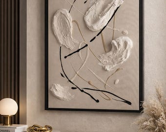 Arte Murale Materico Lusso Bianco Nero – Quadro 3D Minimalista in Rilievo, Dipinto Astratto Fatto a Mano, Decorazione Moderna