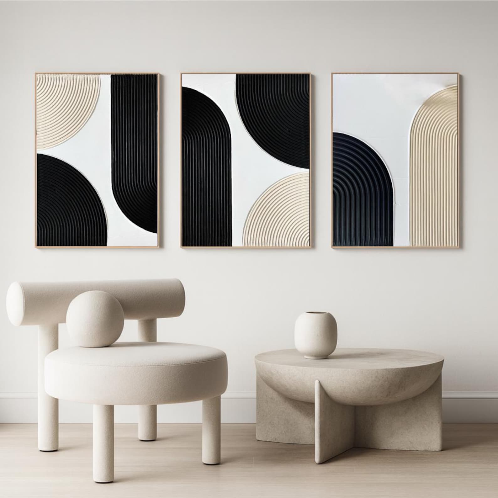 Set of 3 Large Textured Wall Art in White Black Beige | Modern ...