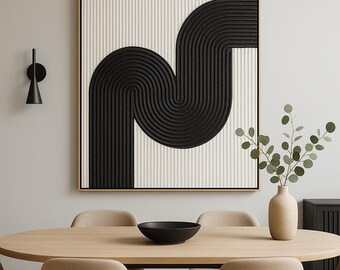 Textured Wall Art – Black and White Minimalist Painting | 3D Geometric Plaster Art | Modern Abstract Wall Decor Handmade