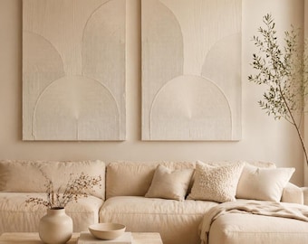 Minimalistische wanddecoratieset met textuur | Wit 3D-bogen-tweeluik | Moderne handgemaakte neutrale decoratie | Abstract gipsen canvas schilderij