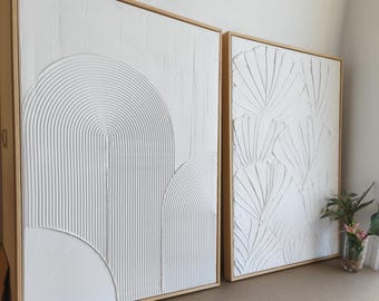 Quadri materici – Set di 2 grandi tele in gesso, pittura a rilievo 3D minimalista, decorazione murale astratta moderna per salotto