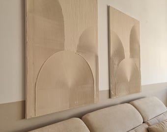 Textured Wall Art Set of 2 – Large 3D Plaster Canvas Paintings, Modern Abstract Relief Wall Decor, Minimalist Art in Beige