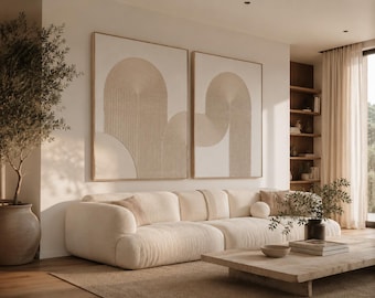 Quadri materici – Set di 2 tele beige minimaliste in gesso 3D, decorazione murale moderna per salotto