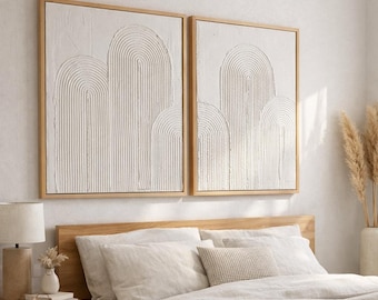 Set van 2 met textuurkunst aan de muur: textuurkunst aan de muur - woondecoratie, canvas gipskunst, minimalistische muurdecoratie, 3D wit schilderij op canvas