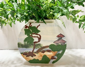 Vintage Japanese Landscape Porcelain Vase Handmade Handpainted Art Asian White Vase 1970s