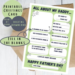 Cartão de Dia dos Pais para impressão - Cartão Tudo Sobre Meu Papai - Cartão de felicitações de bebês, crianças pequenas e crianças - Presente de lembrança - Impressão digital