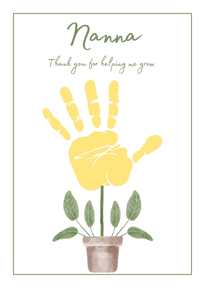 May include: A yellow handprint with a green plant growing out of it in a brown pot. The text "Nanna" and "Thank you for helping me grow" is written above the handprint.