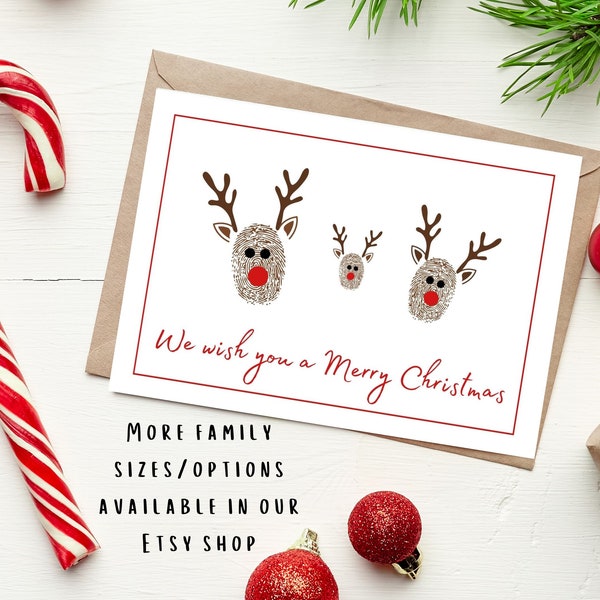 Weihnachtskarte Kunst DIY Aktivität - Print zu Hause - Rudolph Reindeer Fingerabdruck Handwerk für 3-köpfige Familie - Erinnerung Andenken - Digital Printable