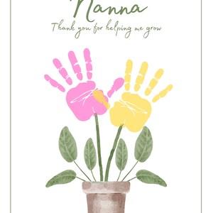 May include: A card with the word "Nanna" written in cursive and the text "Thank you for helping me grow". Two pink and yellow handprints are shown as flowers in a brown pot with green leaves.