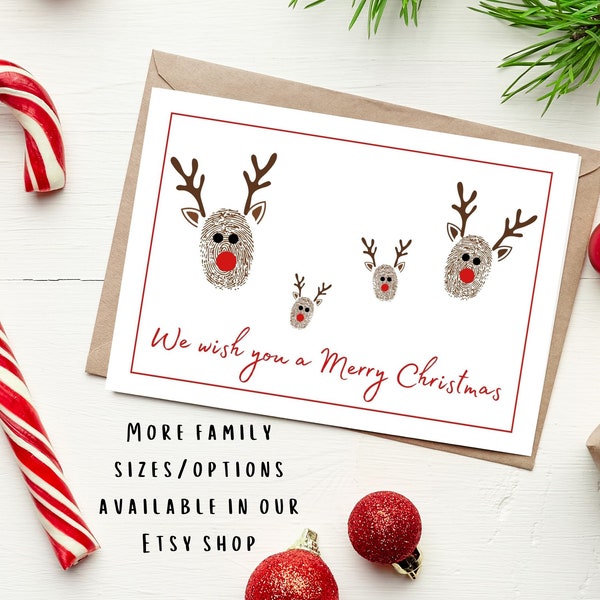 Weihnachtskarte Art DIY Aktivität - Druck zu Hause - Rudolph Reindeer Fingerabdruck Handwerk für Familie von 4 - Memory Andenken - Digital Printable