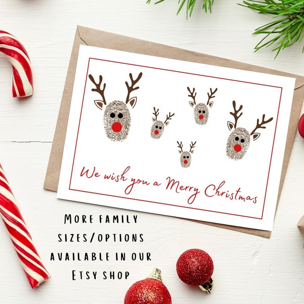 Weihnachtskarte Kunst DIY Aktivität - Druck zu Hause - Rudolph Reindeer Fingerabdruck Handwerk für Familie von 5 - Memory Andenken - Digital zum Ausdrucken