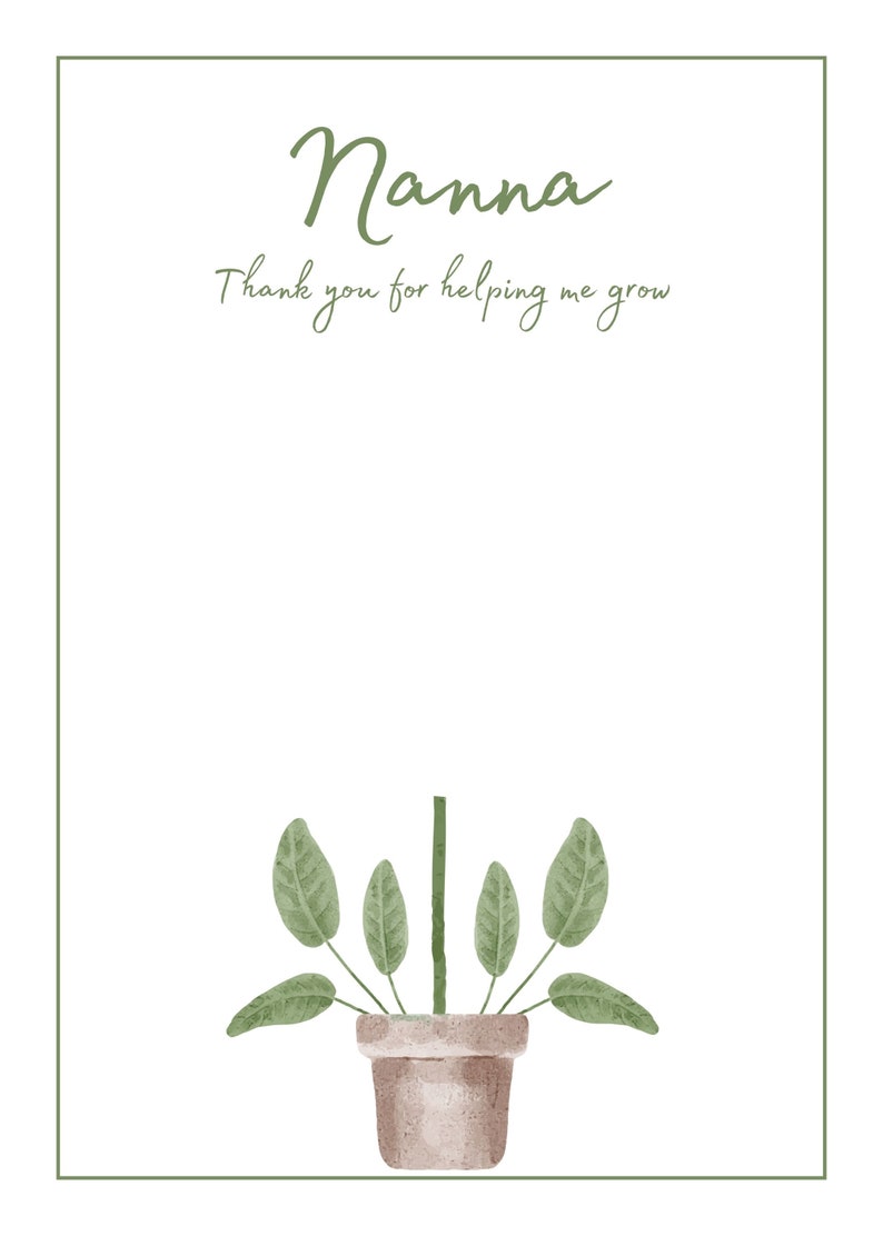 May include: A card with the word "Nanna" written in cursive and the text "Thank you for helping me grow". A green potted plant with a brown pot is at the bottom of the card.