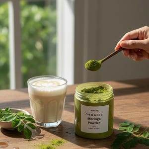 May include: A glass of latte with a heart-shaped design, a jar of green organic moringa powder, and a wooden spoon with moringa powder. The jar has a white label with the text "KIREIS ORGANIC Moringa Powder". Fresh moringa leaves are on the table.