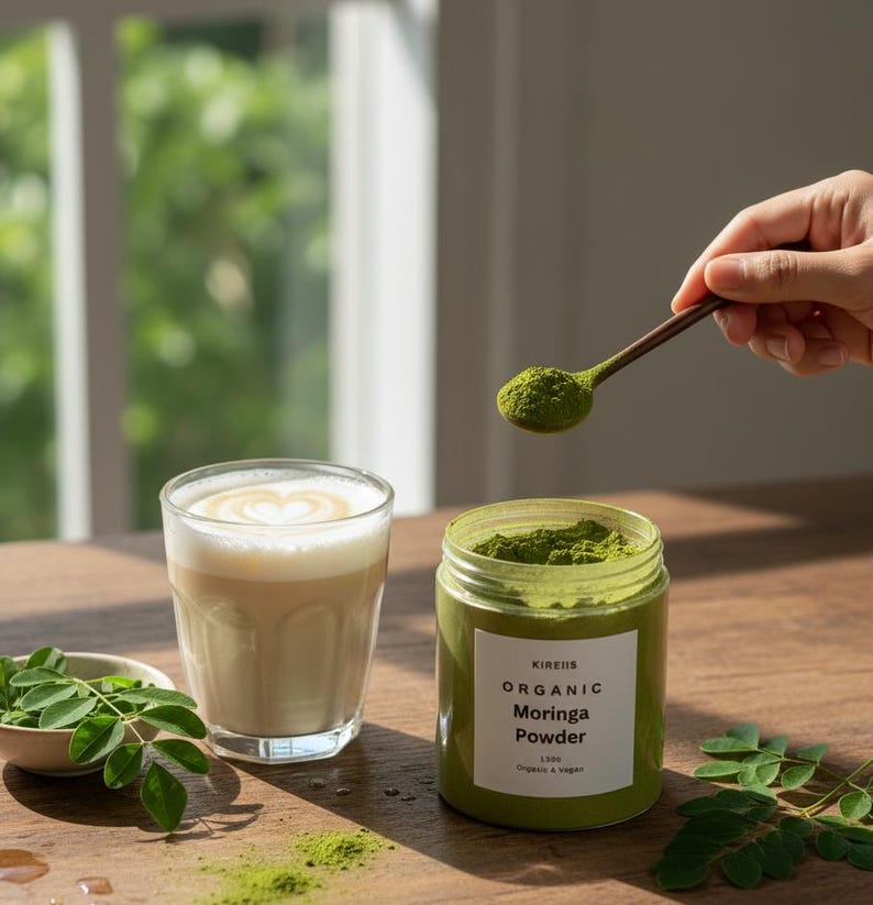 May include: A glass of latte with a heart-shaped design, a jar of green organic moringa powder, and a wooden spoon with moringa powder. The jar has a white label with the text "KIREIS ORGANIC Moringa Powder". Fresh moringa leaves are on the table.