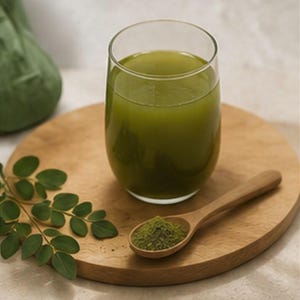 May include: A glass of green liquid sits on a wooden board, next to a wooden spoon filled with green powder. A sprig of green leaves is on the board. The glass is clear and the liquid is opaque.