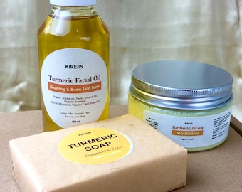 Turmeric Skincare Bundle, Facial Oil, Moisturizer, Kojic Soap