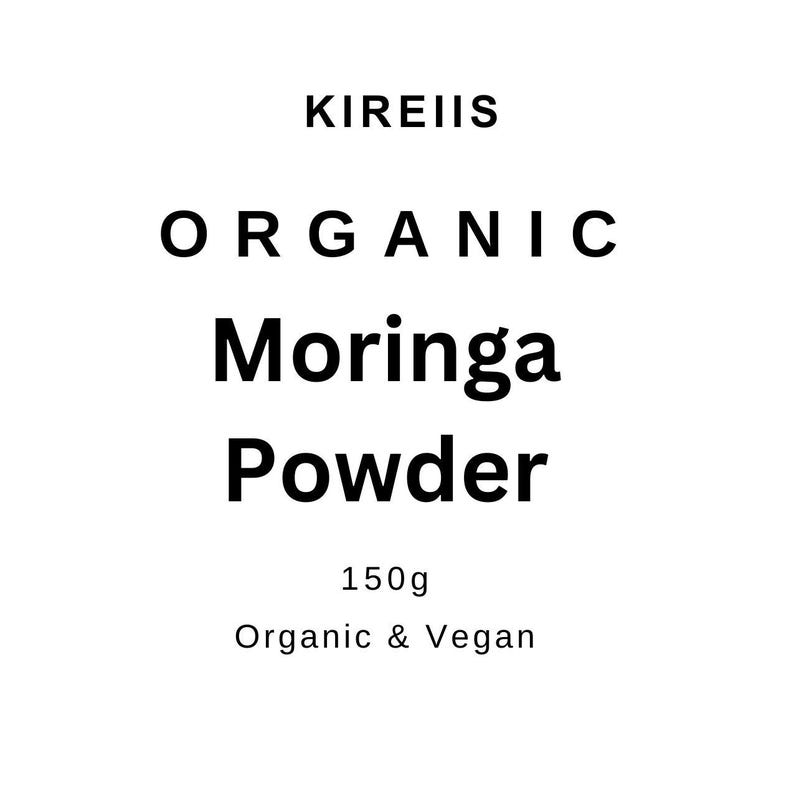 May include: White background with the text "KIREIIS ORGANIC Moringa Powder" in black. The text "150g Organic & Vegan" is also present. The image is a product label for moringa powder.