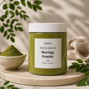 May include: A jar of KIREIIS Organic Moringa Powder, 150g, with a white lid and label. A small bowl of green powder sits to the left. The background includes green leaves and a neutral-toned surface.