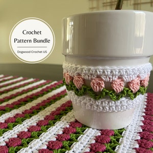 CROCHET PATTERN BUNDLE - Tulip Plant Pot Cozy - Tulip Table Runner - Crochet Cozy - Crochet Table Runner - Easter Decor - Easter Gift