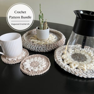 May include: Four crocheted coasters in beige and white with a small potted succulent plant on a beige coaster. The text "Crochet Pattern Bundle" and "Dogwood Crochet US" is on a white circle.