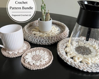 May include: Four crocheted coasters in beige and white with a small potted succulent plant on a beige coaster. The text "Crochet Pattern Bundle" and "Dogwood Crochet US" is on a white circle.
