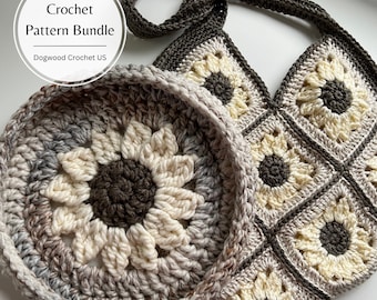 CROCHET PATTERN BUNDLE - Sunflower Basket - Sunflower Granny Square Tote Bag Crochet Sunflower Motif - Crochet Home Decor - Crochet Tote Bag