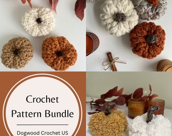 May include: Crochet pattern bundle for making various pumpkin designs. The image shows six different crocheted pumpkins in various colors and textures, including white, brown, orange, and a fuzzy yellow. The text "Crochet Pattern Bundle" and "Dogwood Crochet US" is displayed on a brown background.