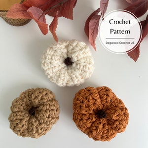 May include: Three crocheted pumpkins in different colors: white, brown, and orange. The pumpkins are on a white surface with fall leaves in the background. The text "Crochet Pattern" and "Dogwood Crochet US" is visible in the image.