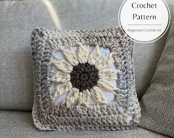 Patrón de crochet para cojín de girasol: Decoración del hogar con cuadrados de la abuela (Descarga digital en PDF)