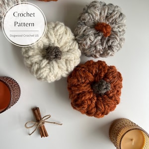 May include: Crochet pattern for three pumpkins in white, brown and orange. The pattern is called "Dogwood Crochet US".