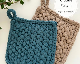 May include: Two crocheted pot holders with handles. One is teal blue and the other is beige. The text "Crochet Pattern" and "Dogwood Crochet US" is on a white circle in the upper right corner of the image.