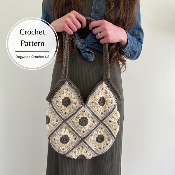 CROCHET PATTERN - Sunflower Granny Square Tote Bag - Crochet Sunflower Motif - DIY  - Crochet Sunflower Pattern - Crochet Purse Tote