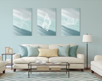 Blue Coastal Wall Art Prints Set of 3, Seashell Wall Art, Coastal Digital Prints, Beach Home Decor, Neutral Art Prints, Minimalist Wall Art