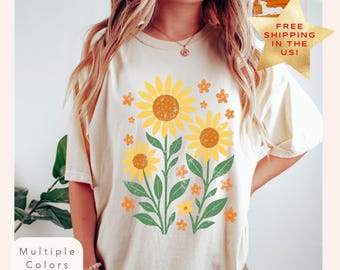 Comfort Colors Vintage Sunflower Shirt, Retro Distressed Sunflower T-Shirt, Boho Floral TShirt, Daisy Flower Shirt, Summer Wildflower Tee