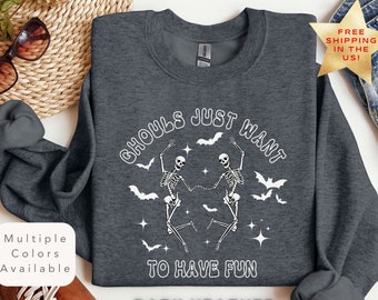 Felpa con scheletri danzanti per Halloween, Maglione accogliente con fantasmi che vogliono solo divertirsi, Regalo per donna, Maglietta di Halloween con gioco di parole sulla stagione spettrale