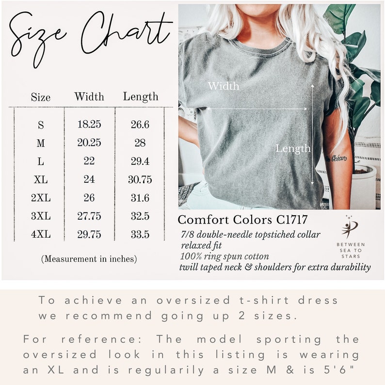 Pode incluir: Tabela de tamanhos para uma camiseta com medidas em polegadas para largura e comprimento. A tabela mostra os tamanhos S a 4XL. O texto "Comfort Colors C1717" &eacute; vis&iacute;vel, juntamente com detalhes sobre a constru&ccedil;&atilde;o e o ajuste da camiseta. O texto "Para obter um vestido de camiseta oversized, recomendamos aumentar 2 tamanhos." tamb&eacute;m &eacute; vis&iacute;vel.