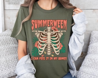 Camiseta de moda de fantasmas sexys Camiseta de temporada espeluznante Camiseta de fiesta de monstruos en la playa Camiseta divertida de verano de Halloween Camiseta de estética de esqueleto Retro de verano de Halloween