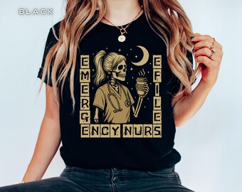 Emergency Nurse Shirt, Funny ER Nurse Skeleton T-Shirt, Night Shift Nursing Tee, Coffee Lover Nurse Gift, Spooky Halloween Nurse Life Shirt