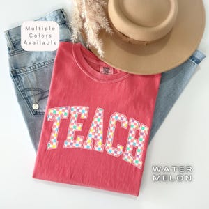 Comfort Colors Checkered Teach Shirt, Back to School Shirt, Trendy Varsity Style Teach TShirt, Retro Teacher Appreciation Tee, Teacher Gift