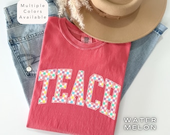 Comfort Colors Checkered Teach Shirt, Back to School Shirt, Trendy Varsity Style Teach TShirt, Retro Teacher Appreciation Tee, Teacher Gift
