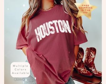 Comfort Colors Houston Texas Shirt, Distressed Houston Tee, Trendy Varsity Style Houston T-Shirt, Retro Houston Tee, Vintage Travel Shirt