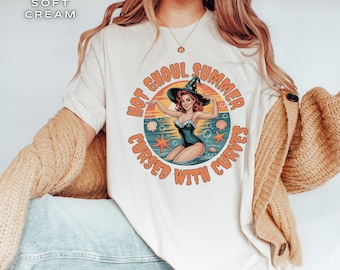 Camiseta de Halloween retro con estética de esqueleto, divertida camiseta de verano de Halloween, camiseta de fantasma sexy a la moda, camiseta de temporada espeluznante, camiseta de fiesta de monstruos en la playa