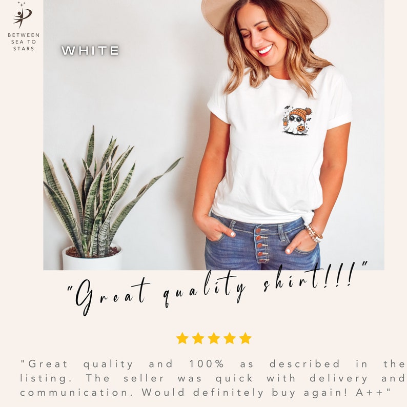 Pode incluir: Camiseta branca com um pequeno gr&aacute;fico de um fantasma usando um gorro e segurando uma ab&oacute;bora. O texto "Great quality shirt!!!" est&aacute; escrito em amarelo abaixo da imagem. Cinco estrelas douradas est&atilde;o abaixo do texto.