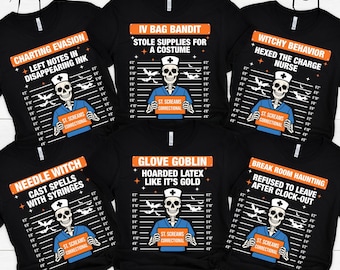 May include: Black t-shirts with Halloween-themed designs. Each shirt features a skeleton in a nurse's uniform, a mugshot background, and phrases like "Charting Evasion" and "Needle Witch." The text "St. Screams Correctional" is also present.