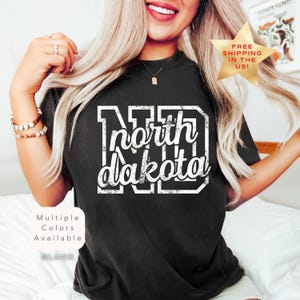 Distressed Comfort Colors North Dakota Shirt, Trendy Retro ND TShirt, Varsity Aesthetic North Dakota Gift, Cute North Dakota State Pride Tee