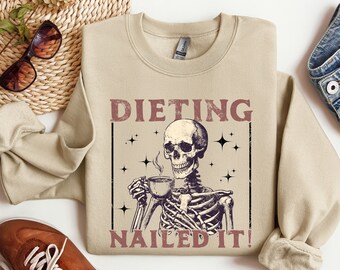 Distressed Lustiges Kaffee Skelett Sweatshirt für Frauen, Diät Genagelt Es Trendy Pullover, Lustiges Skelett Unisex Rundhalsausschnitt, Vintage Kleidung