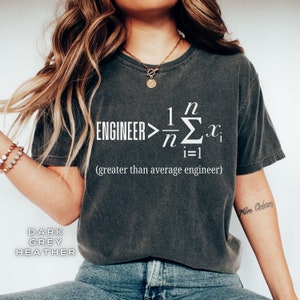 以下が含まれることがあります： 暗いヘザーグレーのTシャツに、白い文字で「ENGINEER> 1/n Σ xi i=1 (greater than average engineer)」と書かれています。
